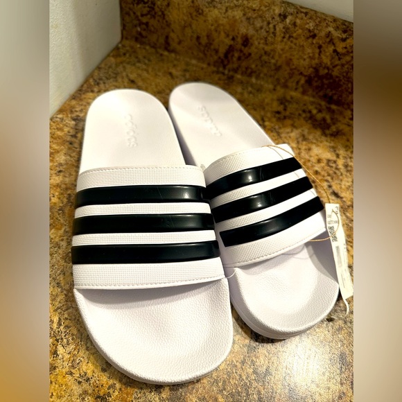 Adidas Black and White Striped Slides